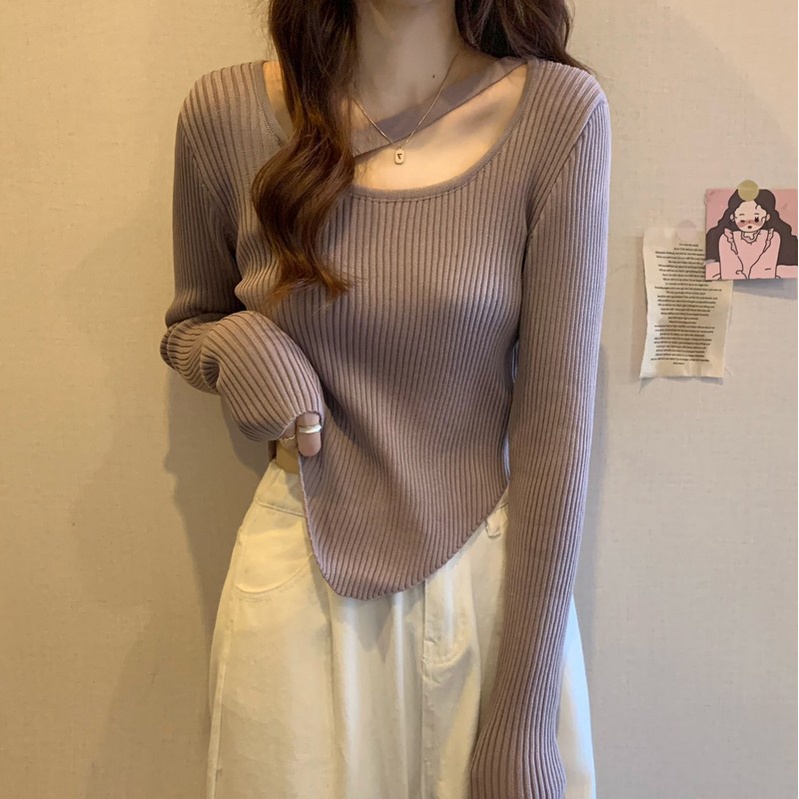 YIU YIU Rajut - Sweater Rajut Crop Top Lengan Panjang Wanita Korean