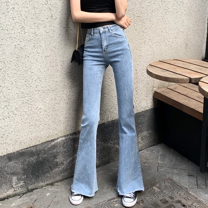 high-waist hamparan luas leg denim kasual berkobar celana wanita Korea