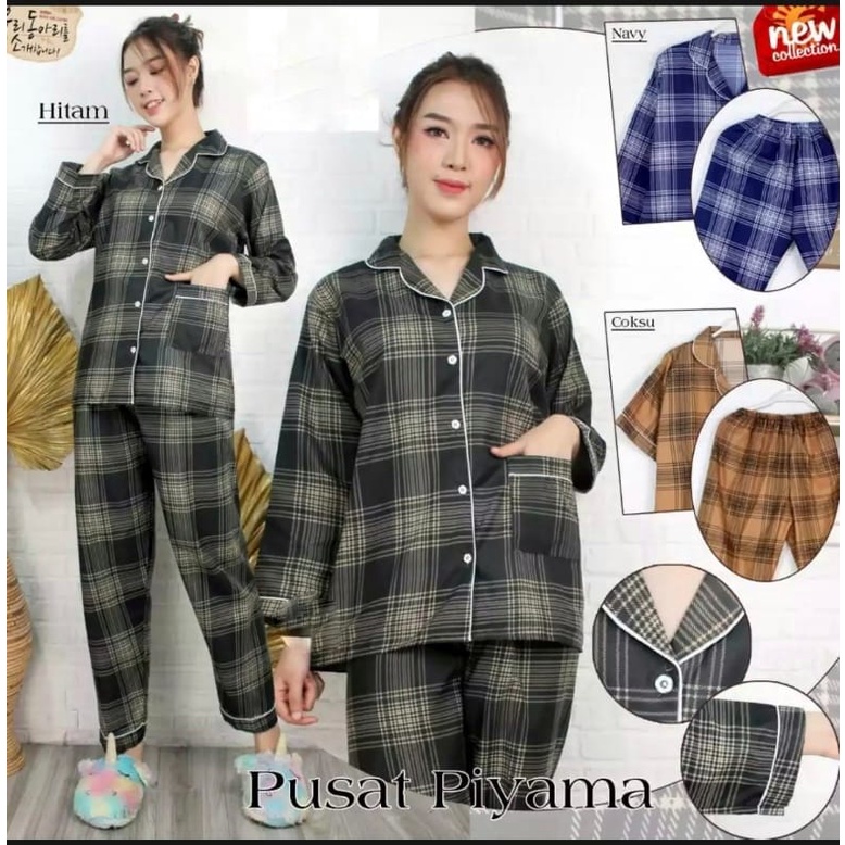 BJ - Piyama PP Wanita kotak / Baju tidur lengan panjang Katun Premium