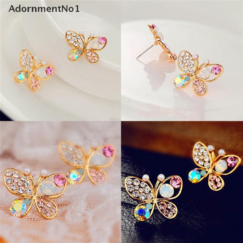 (AdornmentNo1) Anting Tusuk Bentuk Kupu-Kupu Aksen Hollow + Kristal + Berlian Imitasi Untuk Perhiasan Wanita Butterfly