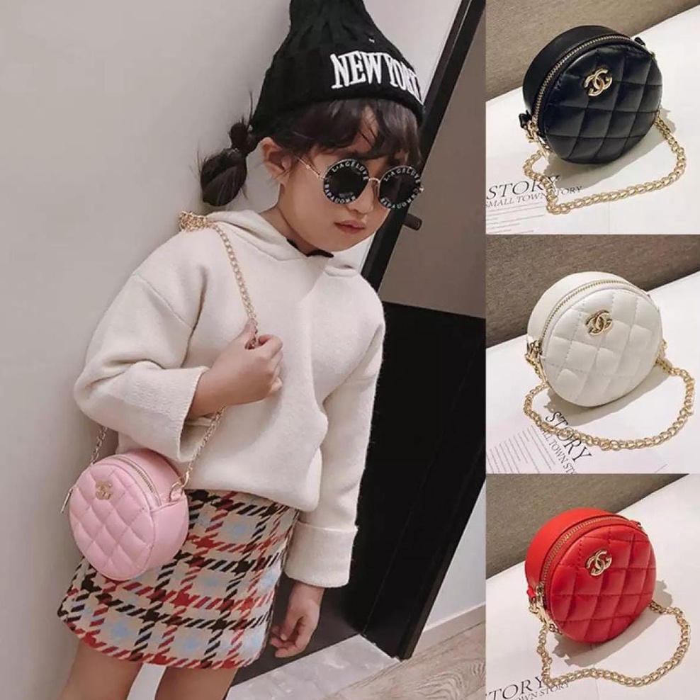 [BISA COD] Tas selempang anak perempuan Rantai Bentuk Bulat Kulit Sintetis [KARIM]-tas selempang ana