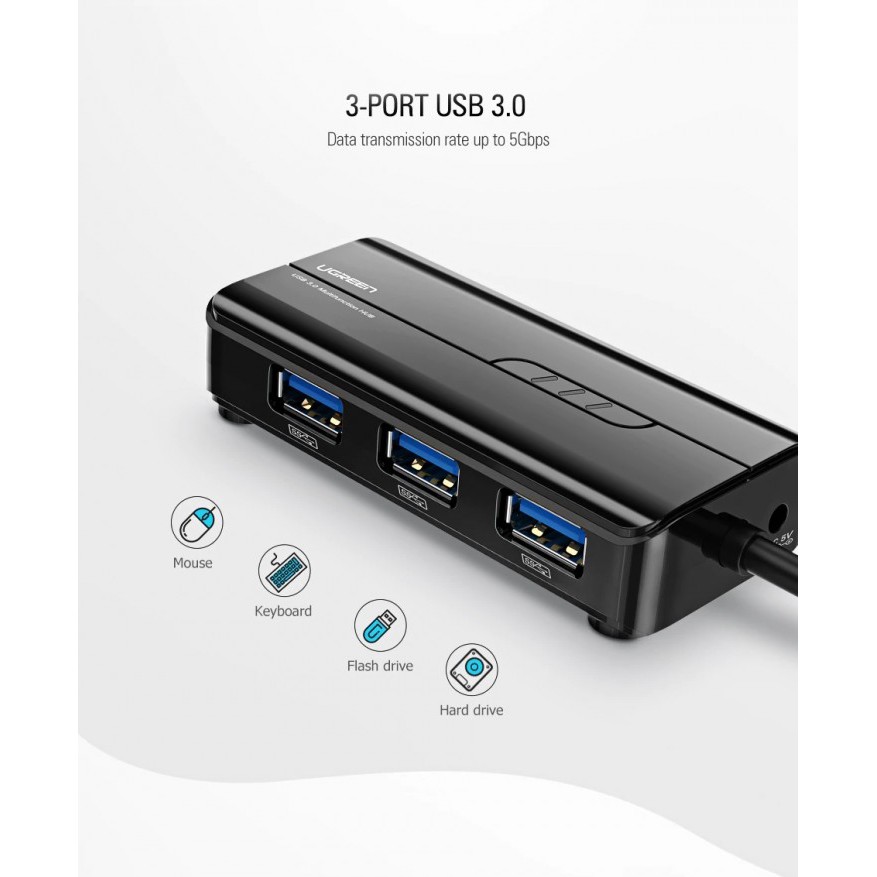 UGREEN 20265 USB 3.0 Wired Gigabit Lan Adapter with 3 Ports USB HUB