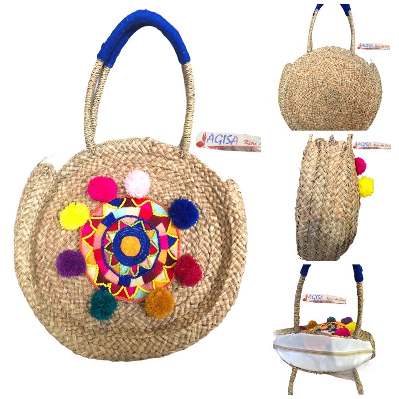 Tas Anyaman mendong pompom/tas kerajinan bali/tas anyaman bangkok