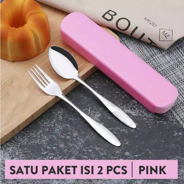 (NCS) Sendok Garpu Kotak Stainless Steel Travel dengan Kotak Biru Hijau Kuning Pink 3 in 1 set isi 3 pcs