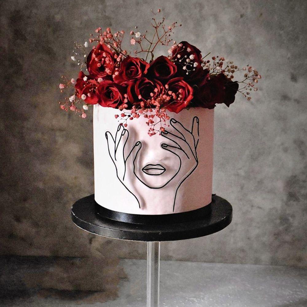 Solighter Hiasan Kue Gadis Artistik Gold Silver Hitam Happy Birthday Garis Minimalis