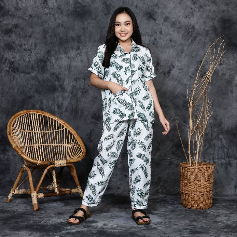 Baju Tidur Piyama Wanita Dewasa Motif Coco Daun CP Lengan Pendek Celana Panjang Kekinian