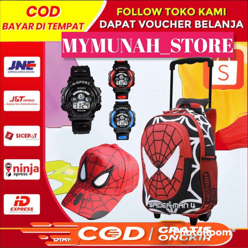 TAS TROLI ANAK SEKOLAH 3D KARAKTER SPIDERMAN BATMAN/GRATIS JAM SPORT ANAK