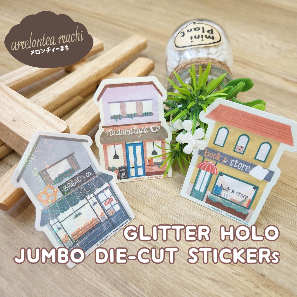 

Glitter Holo Die-cut Sticker | Amelontea Machi Series vol. 1 | Stiker Dekorasi Laptop / Case HP / Jurnal motif Bangunan Cafe Bakery | Kota amelontea