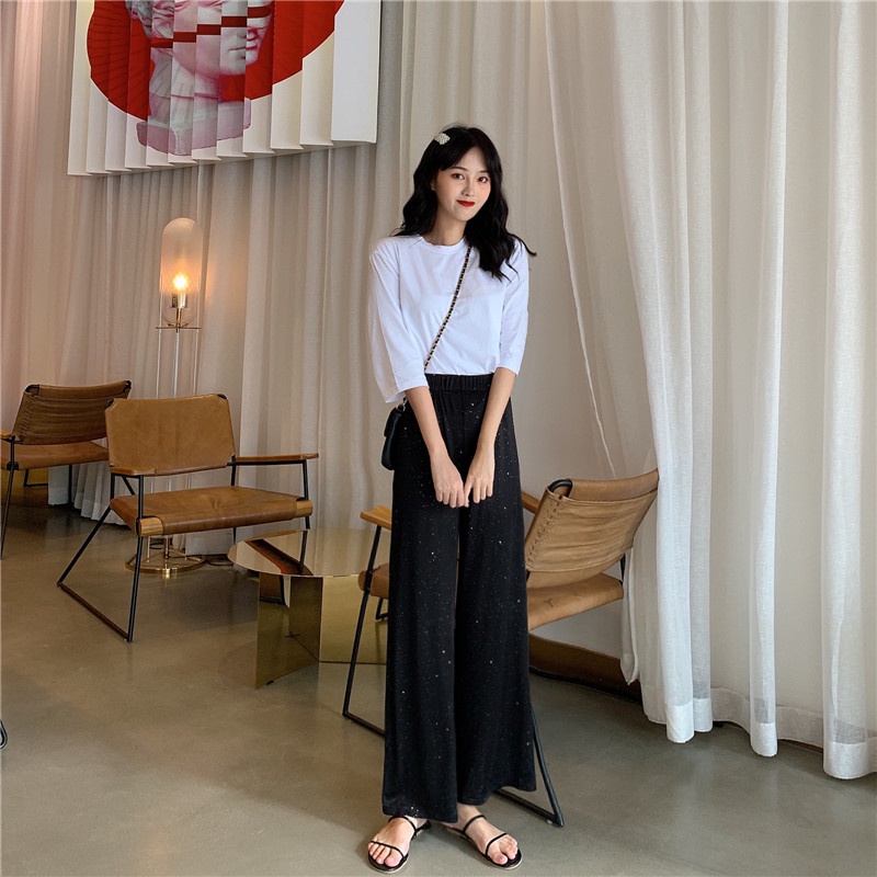 korean style celana panjang wanita high waist kasual loose hitam straight pants
