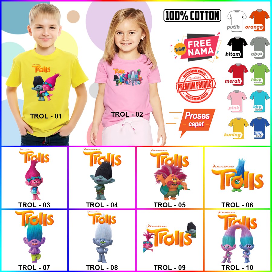 Baju Kaos ANAK DAN DEWASA TROLLS COUPLE (FREE NAMA)