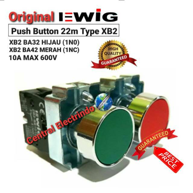 Push Button EWIG 22mm XB2 BA31 Hijau (1NO) XB2 BA42 Merah (1NC).