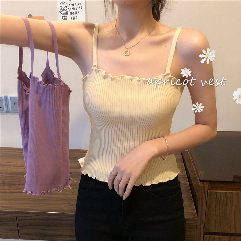 Korean Knit Tank Top Wanita Rajut Polos C049-3