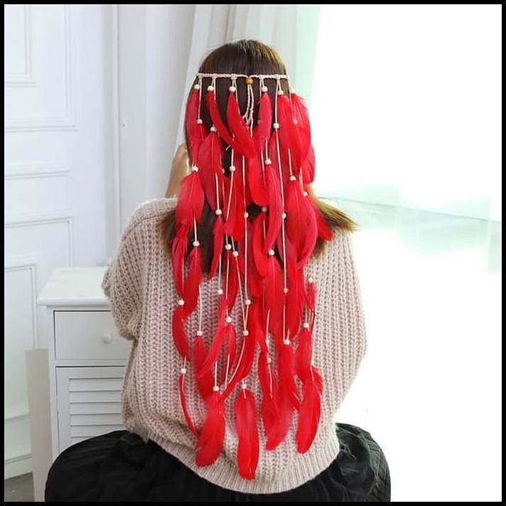 Langsung Kirim Bohemian Boho Feather Headband Headpiece - Hiasan Rambut Bulu Indian 5 - Putih