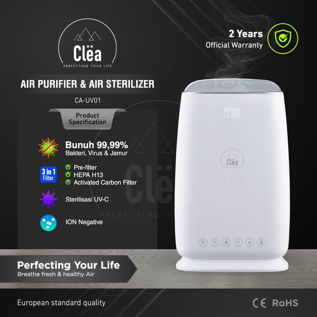 CLEA Air Purifier Air Sterilizer 3 in 1 HEPA Filter + UV Sterilizer + Ion negatif (UVC HEPA 13) Pembersih Penjernih Penyegar Penyaring Filter Udara Ruangan Kamar Purifer Furifier Debu Kasur Bulu Anti Virus Otomatis