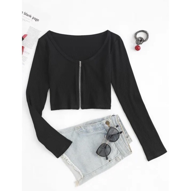 BLOUSE ZIPPER CROP TOP - BLOUSE KOREA - PRIMROSE BLOUSE