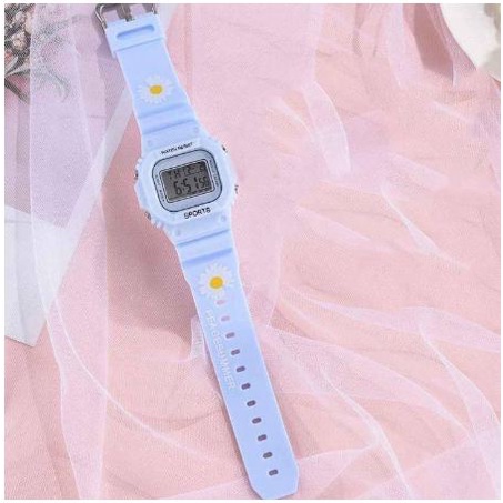 JAM TANGAN DIGITAL WANITA MOTIF BUNGA KOREA STYLE RUBBER-Bunga biru