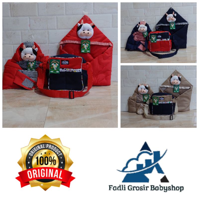 Paket Hemat (3 in 1) Tas Bayi Polka Gendongan Bayi Samping Kerut Sapi Dan Selimut Bayi Boneka Sapi