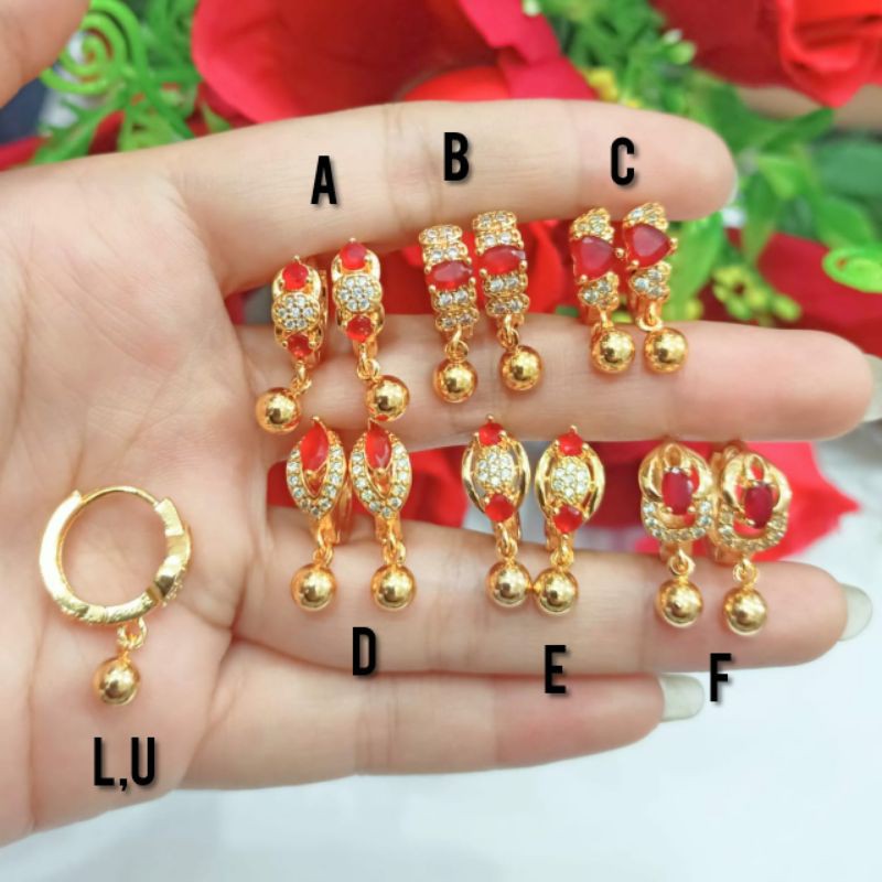 Fourfashion Anting Jepit Bulat Batu Permata Merah Bermacam-Macam Motif Kekinian PD070