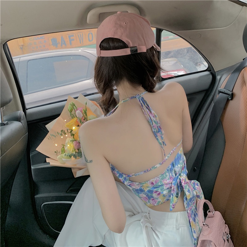 Sexy halter neck open back floral kamisol dress strapless crop top wanita