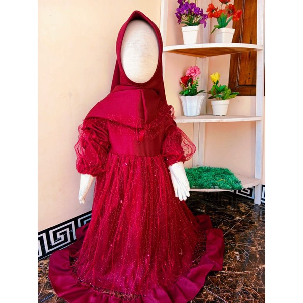 GAMIS ANAK PEREMPUAN GAMIS TERBARU TILE AKAR MUTIARA LENGAN BALON/DRES GAUN PESTA ANAK SET HIJAB(1-5
