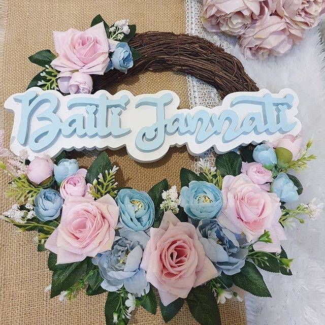 Wreath Bunga  Flower Tulisan Baiti Jannati hiasan  dinding  