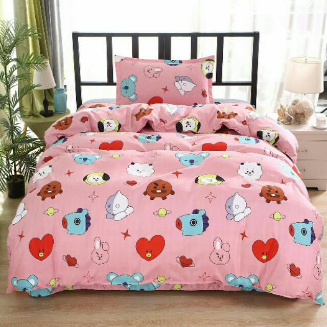 Set Sprei + Sarung Bantal + Selimut Bahan Katun Motif Print KPOP BTS bt21