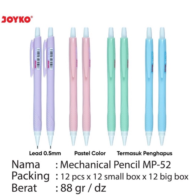 

(1pcs) MP52 Joyko Mechanical Pencil / Pencil Mekanik MP-52 ketebalan 0.5mm dengan penghapus warna Pastel ( harga 1 pcs )