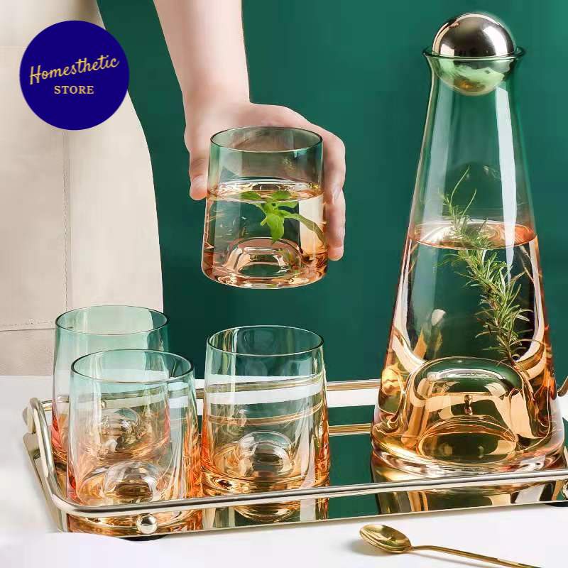 Set Cangkir Teko Kaca Set 4 Cups 1 Botol Pitcher Luxury  Gelas Kaca Cantik Unik Elegan Mewah Cocok U