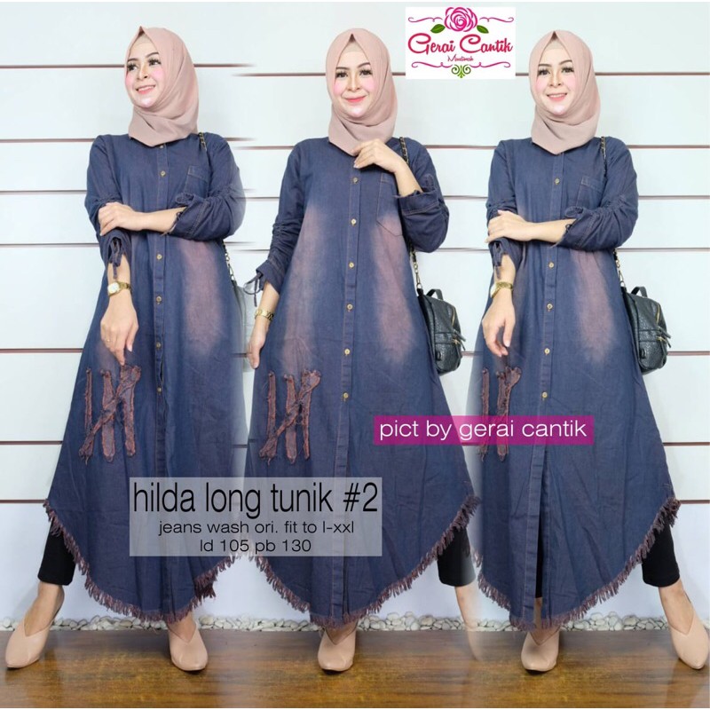 Hilda#2 Long Tunik Jumbo Jeans Rawis Ld 105 Fit XXL Lengan Serut Busui Kancing Aktif By GC