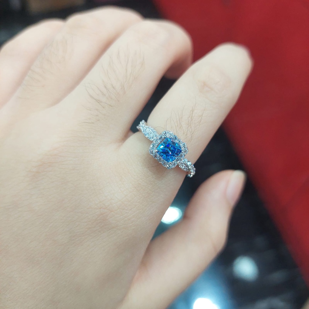 Cincin emas putih asli permata biru cantik manis awet
