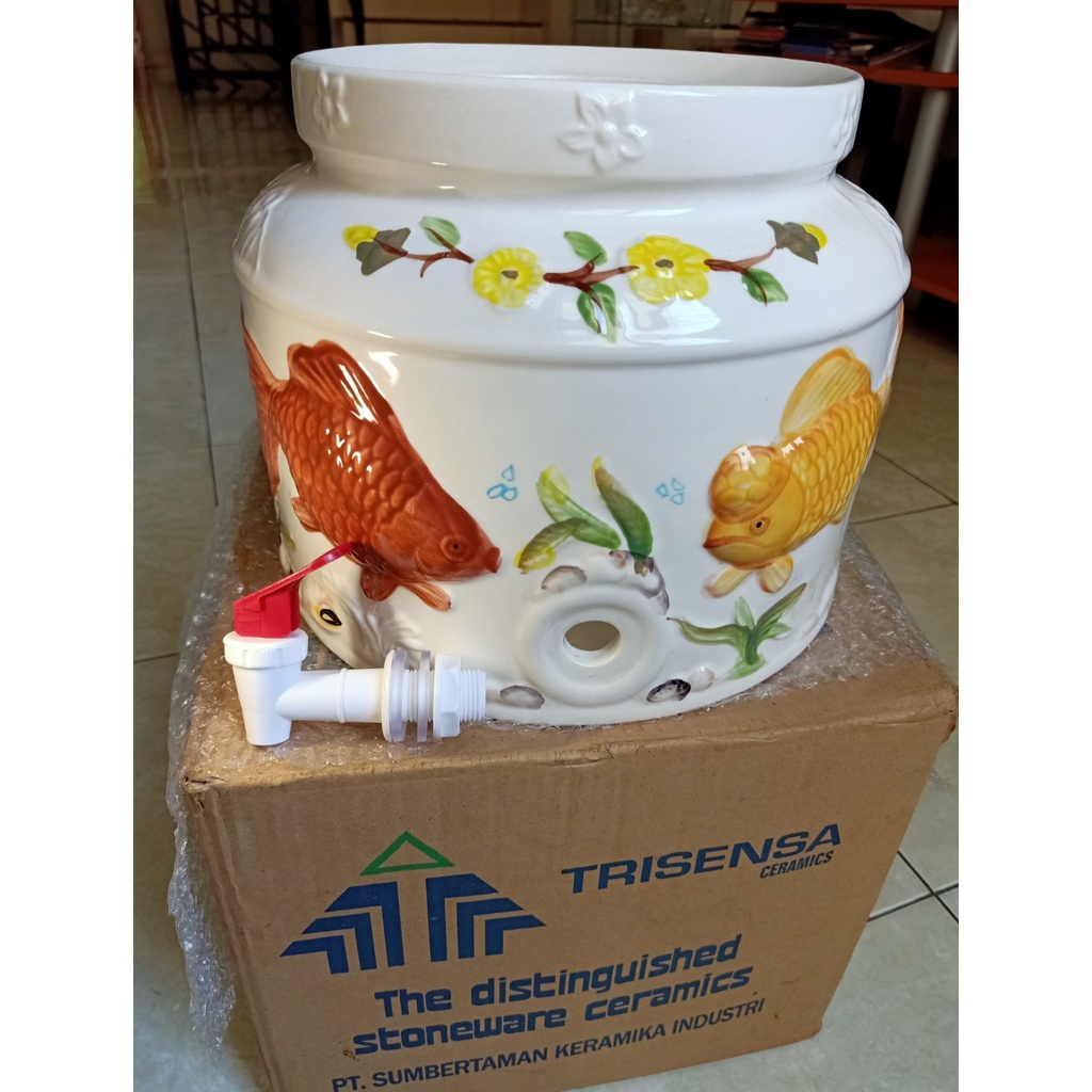 TERMURAH  Guci Air Galon Keramik Emboss Timbul 3D NAKATO TRISENSA CERAMIC, FREE Kran & Bubble Wrap S