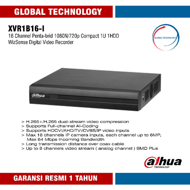 DAHUA XVR 1B16-I DVR 16CH 2MP 1080N DVR DAHUA 16CHANEL SUPPORT AI