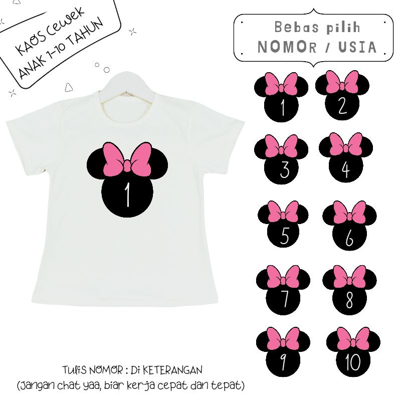 Baju Kaos Anak Cewek 3-12 tahun sampai Dewasa Jumbo MINNIE PITA