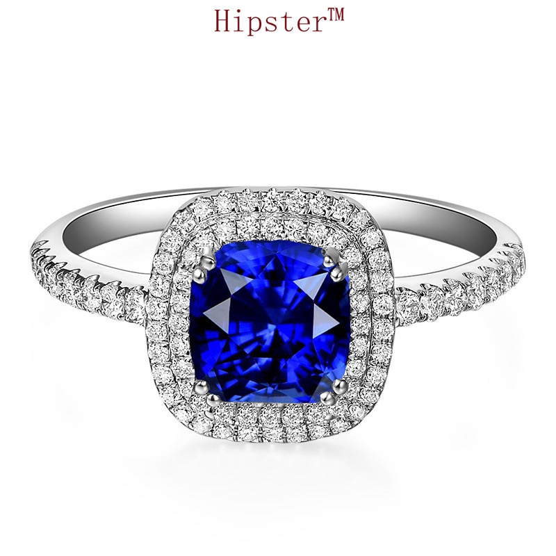 Hot Sale Classic Fashion Luxury Square Full Diamond Sapphire Adjustable Ring