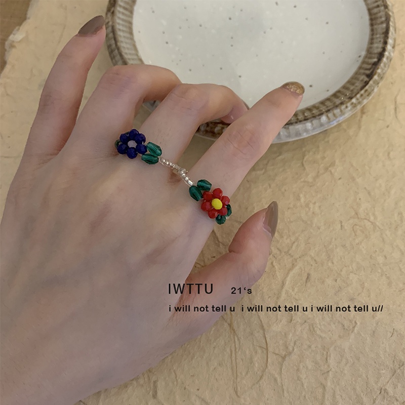 Cincin Manik-Manik Kristal Bentuk Bunga Handmade Gaya Vintage Korea