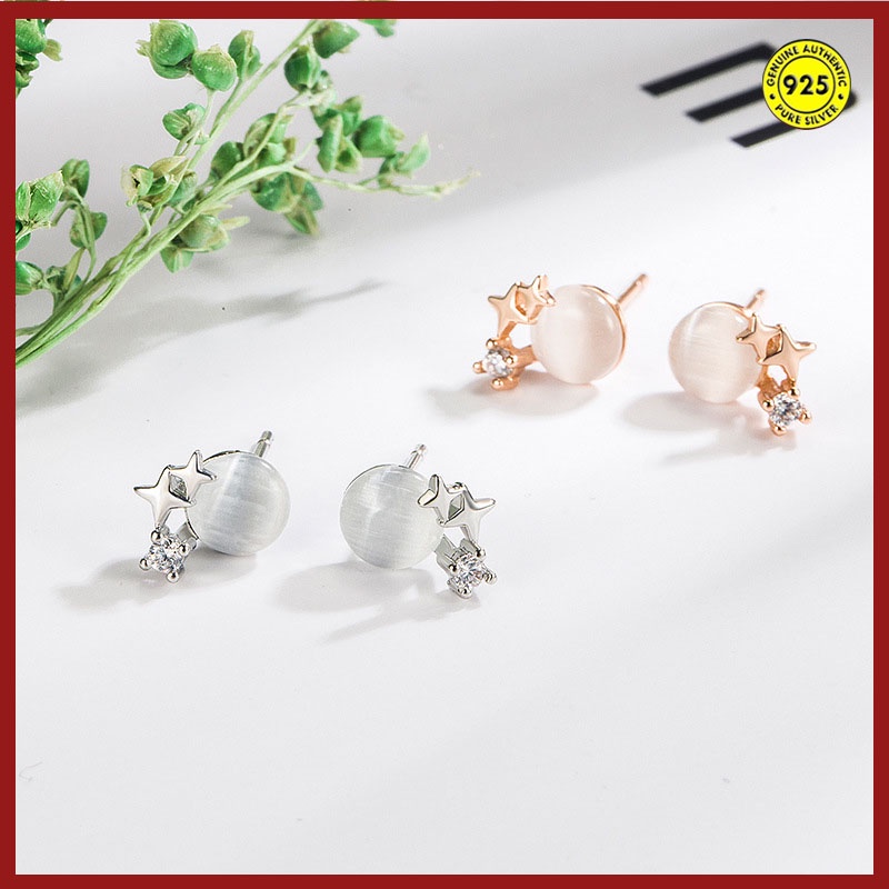 Anting Tusuk Gantung Sterling Silver Desain Bintang Hias Opal Anti Air Untuk Wanita