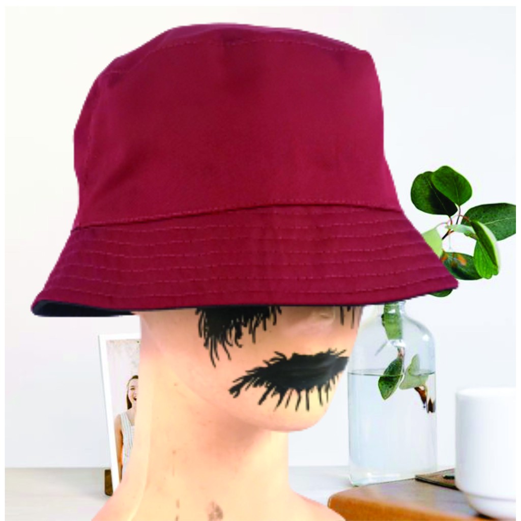 Bucket Hat Merah Maroon / Topi Bucket Polos Timbal Balik
