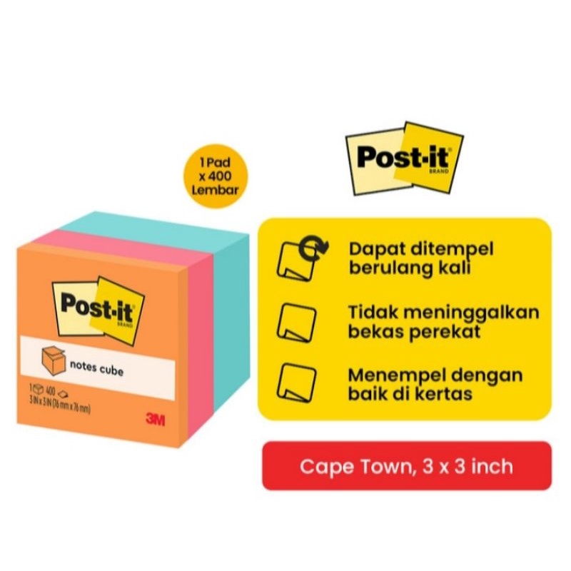 

3M post it sticky note cube capetown colour collection 2059-AQ CPT 3"x3" 1pad isi 400 lembar