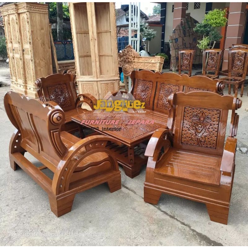 Kursi tamu jati 3,2,1,1 meja jati solid
