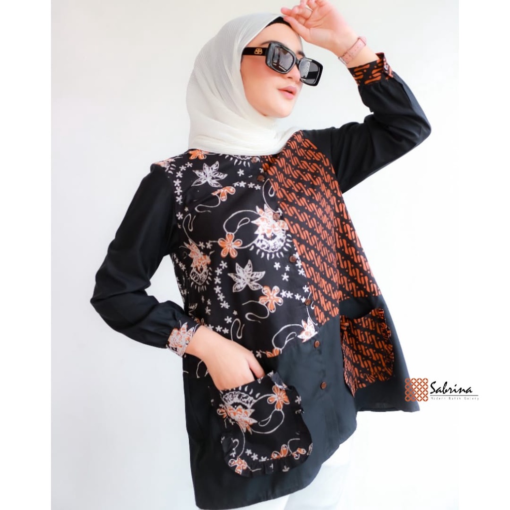 Malvi Blouse Batik Cap Kombinasi Cantik Elegan Busui Tangan Panjang