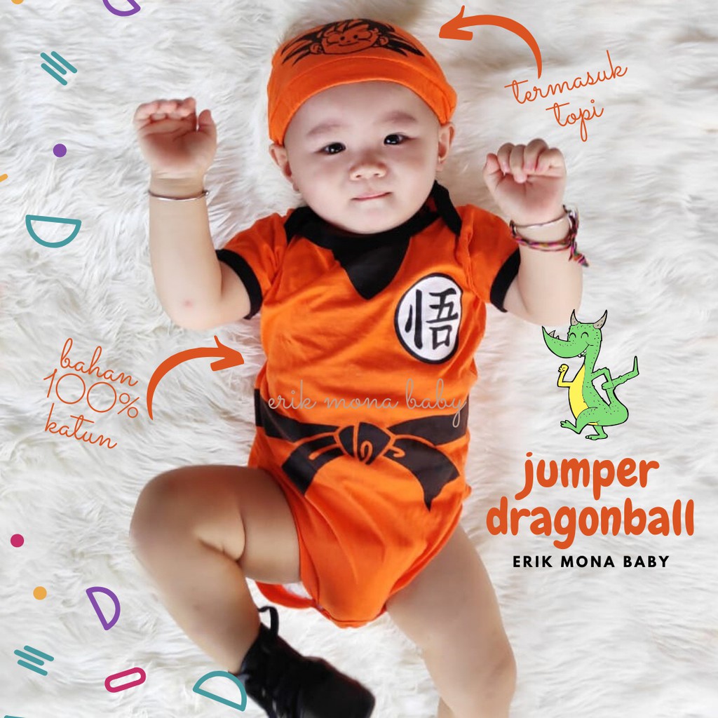 Ermon Baby - Baju Bayi Laki Laki Jumper Baby Lucu Karakter motif Dragonball + Topi usia 0 - 12 Bulan