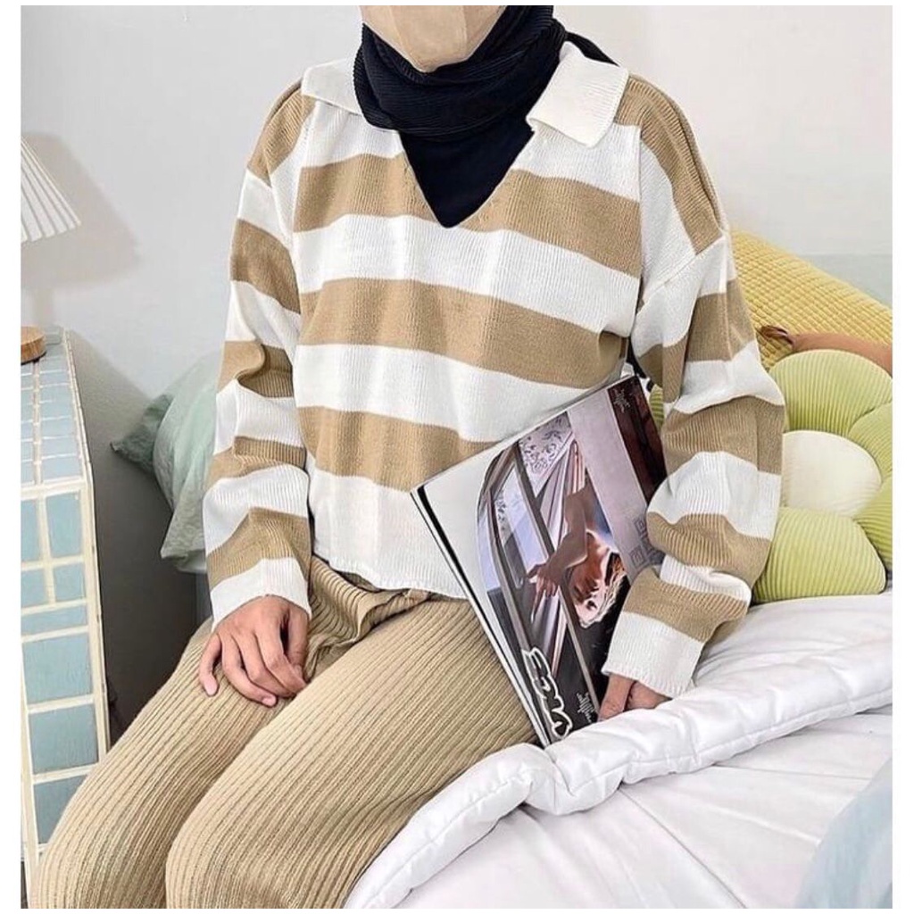 Hyerin Polo Stripes Sweater - Top Crop Bahan Rajut Knit - Atasan Rajut Wanita (011)