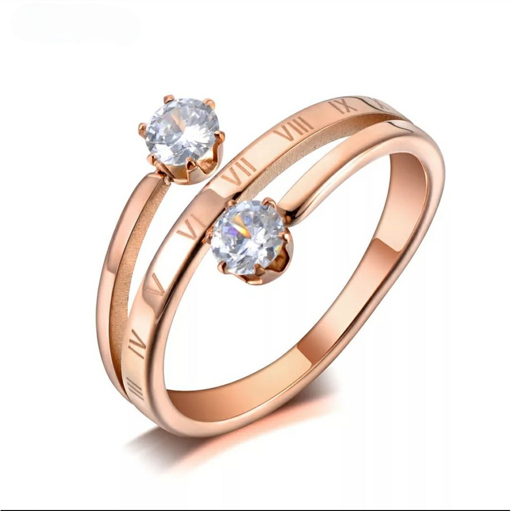 Cincin Titanium Model Dengan Angka Romawi 2 Diamonds Tersedia Warna Rose Gold, Gold dan Silver