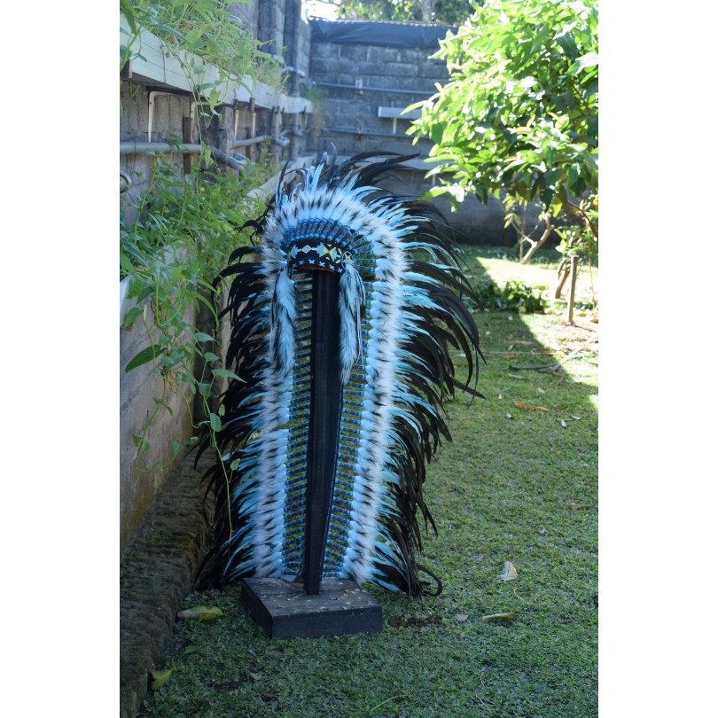 TOPI INDIAN - INDIAN HEADDRESS LONG DOUBLE FEATHER HITAM BIRU