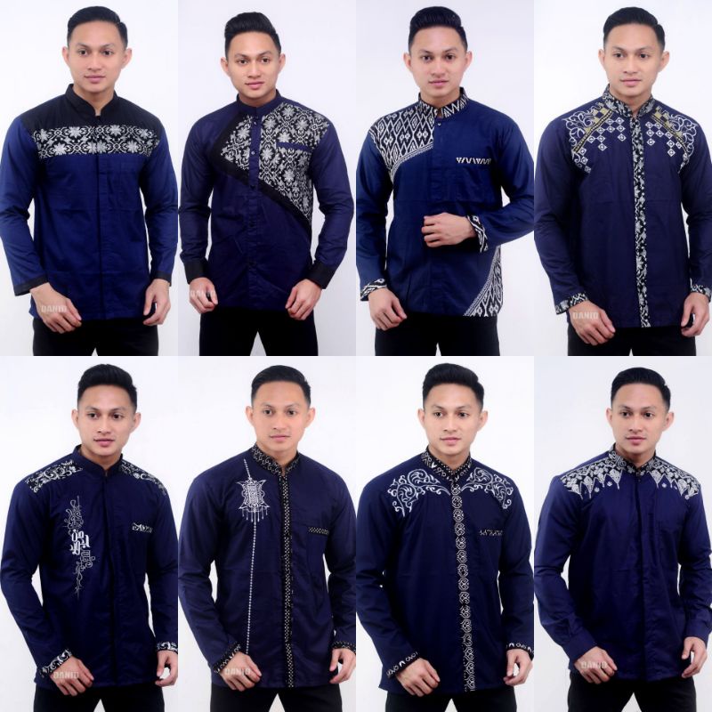 Baju Koko Pria Modern Lengan Panjang Warna Biru Tua / Dongker /Navy, Navi Kombinasi Bordir, Baju Kok