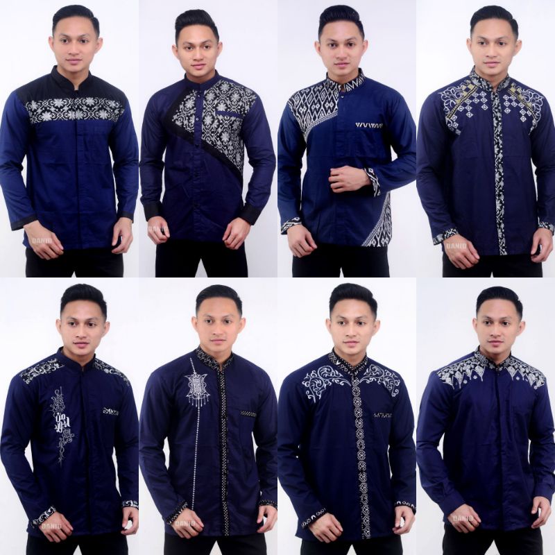 Baju Koko Pria Modern Lengan Panjang Warna Biru Tua / Dongker /Navy, Navi Kombinasi Bordir, Baju Koko Lebaran Pria Dewasa Model Terbaru Ukuran M L XL XXL