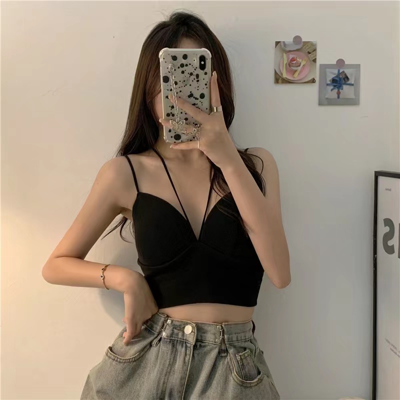 Women Bralette Crop Halter Tank Top Bra Wanita Dengan Tali Bagian Depan 2020