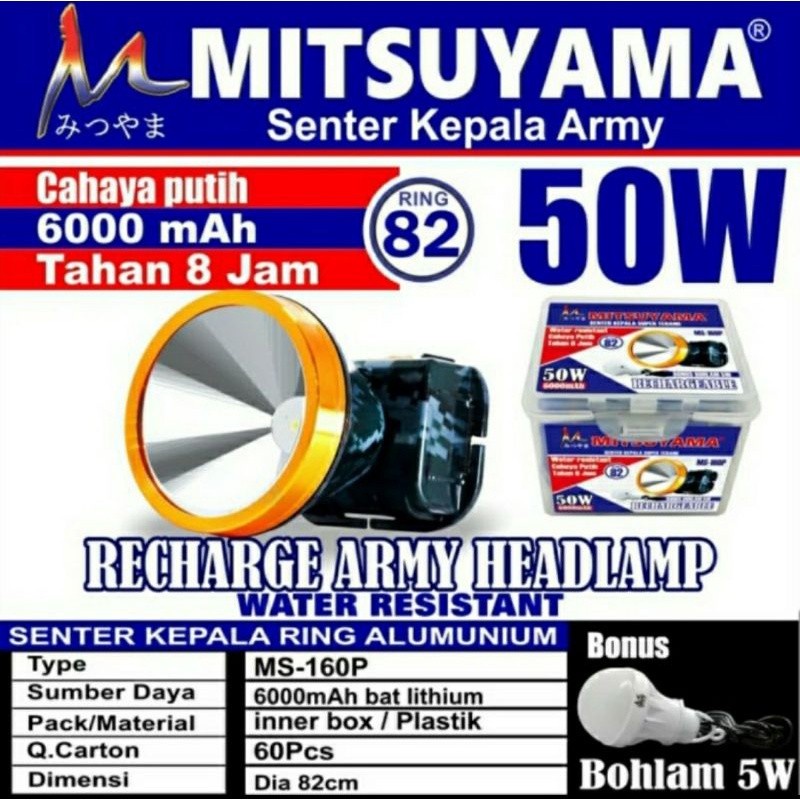 Senter Kepala/Headlamp Mitsuyama MS-160p/MS-170p 3 Mode 80Watt Pengisian Daya Charger