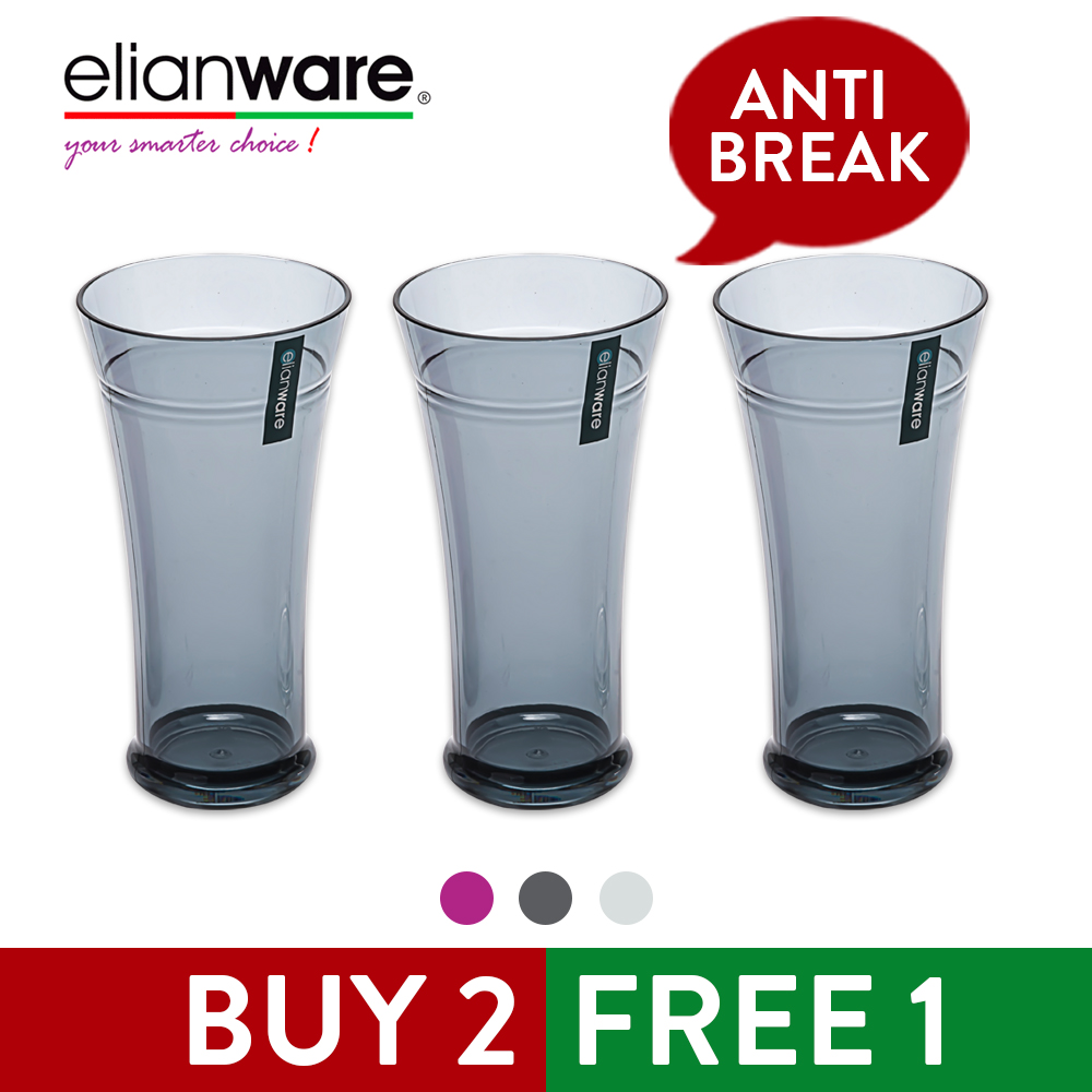 Elianware 550ml x 3 Pcs Curvy Cup Set Gelas Transparent Anti Pecah (Buy 2 Free 1)