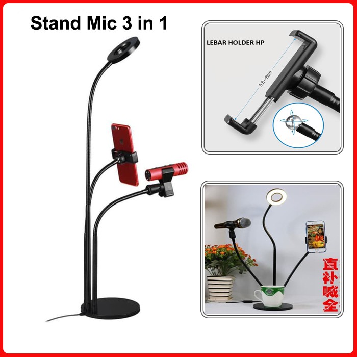 Stand Mic 3 in 1 dengan LED dan Holder HP - Lazypod Smartphone Universal 3 in 1